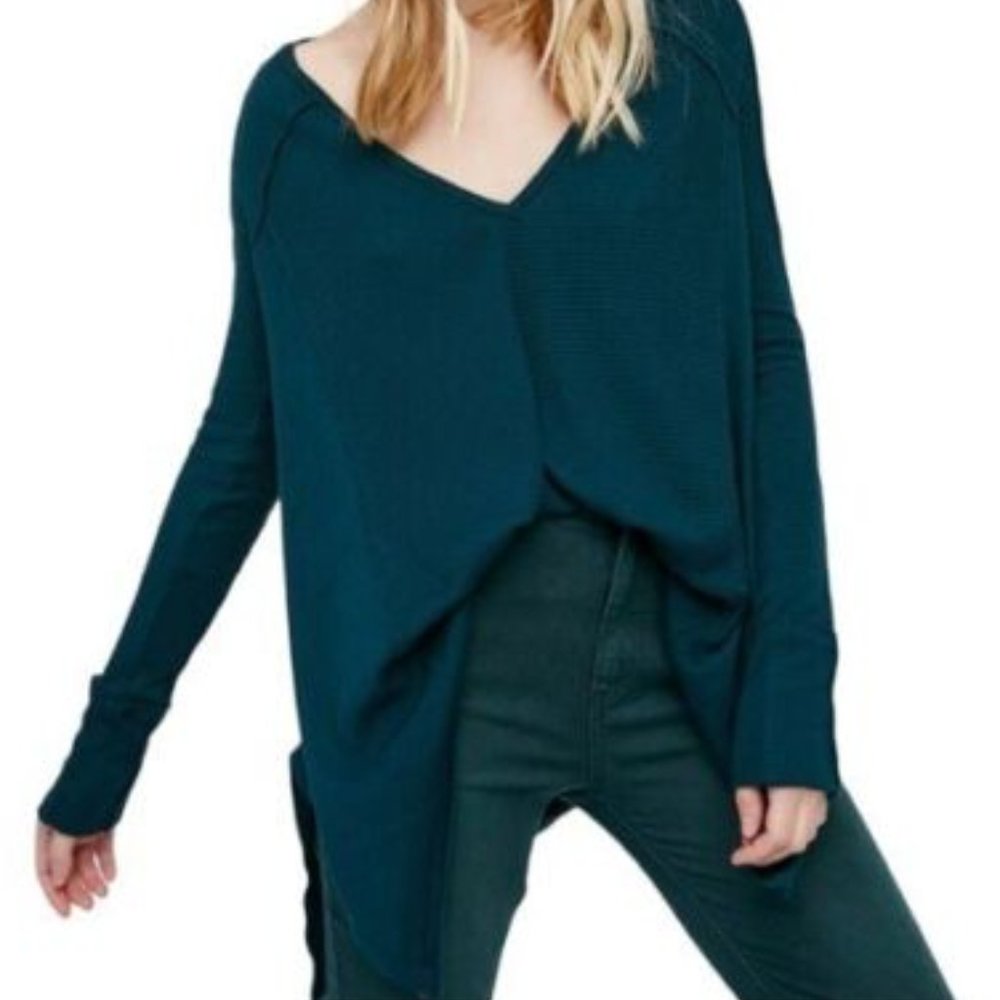 Free People Pacific Drippy Thermal Long Sleeve Oversized Jade Green Top Size XS